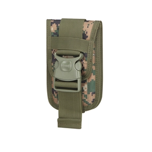 Close-up of tactical nylon phone pouch with digital camouflage pattern and buckle