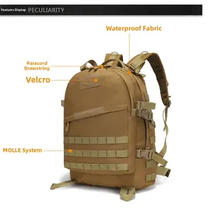 Tactical backpack detail showing waterproof fabric, MOLLE system, and paracord zippers