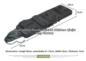Tactical gun bag dimension detail showing 90cm to 115cm extension for long rifle storage