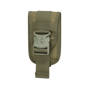Army green tactical MOLLE phone pouch with durable nylon fabric and secure buckle