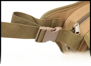 Detail view of the adjustable tactical buckle and durable nylon strap on a hiking bag