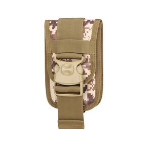 Detail view of desert digital camouflage tactical phone pouch with sturdy plastic buckle closure