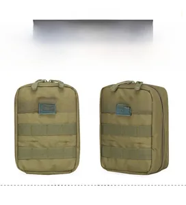Detail view of army green tactical medical pouch with MOLLE system webbing and cross logo