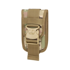 Tactical MOLLE phone pouch in camouflage nylon with brown webbing and plastic buckle closure