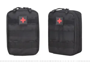 Detailed front view of tactical medical first aid pouch with MOLLE straps and red cross patch