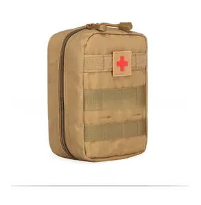Side view of tactical medical first aid pouch in coyote brown with MOLLE webbing