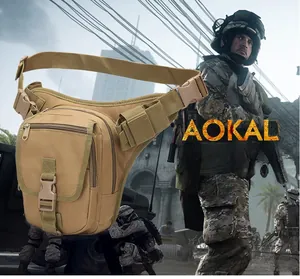 Close-up of khaki tactical leg bag with durable oxford fabric and adjustable buckles