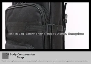 Detail of black tactical fishing bag showing durable nylon material and side compression straps