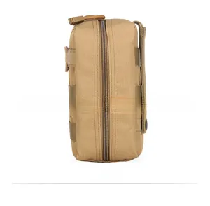 Tactical MOLLE pouch side view in tan nylon with durable webbing and zipper detail
