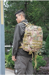 Detail view of the tactical camouflage backpack with Molle system for hiking