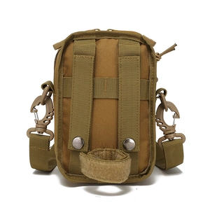 Detail view of coyote brown tactical MOLLE pouch with nylon webbing and metal snap buttons