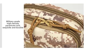 Dettaglio della borsa tattica mimetica con cerniere in paracord e tessuto in nylon resistente
