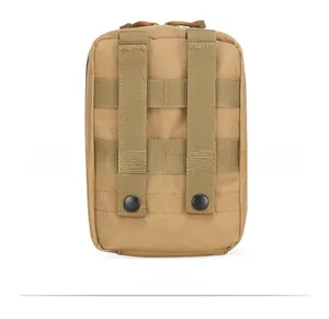 Rear view of khaki tactical pouch with dual MOLLE webbing straps and metal snap fasteners