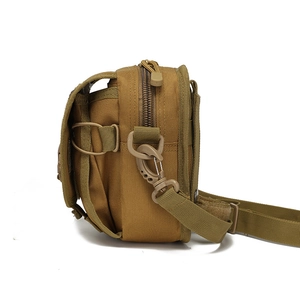 Close-up of tactical nylon bag featuring durable side zippers and strap attachment hooks