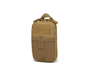 Detail of tan tactical EDC pouch featuring durable nylon fabric and velcro front panel