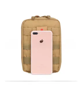 Tactical khaki utility pouch with Molle system showing size fit for a smartphone