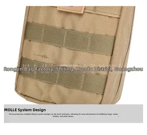 Detail view of khaki tactical pouch featuring reinforced stitching and MOLLE webbing system