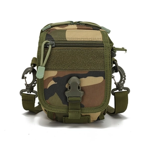 Macro detail of camouflage tactical MOLLE bag with durable nylon fabric and buckle