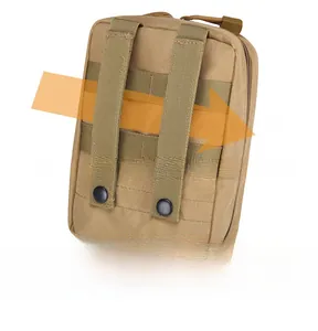 Detail view of khaki tactical pouch featuring durable MOLLE webbing and metal snap buttons