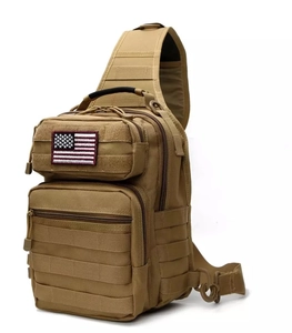 Tactical coyote tan chest bag with MOLLE system and US flag patch for outdoor activities