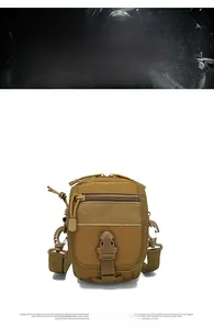 Detailed front view of khaki MOLLE tactical water bottle pouch with quick release buckle