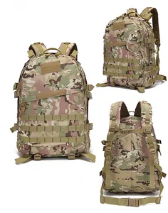 Three-way view of tactical MC camo backpack with MOLLE system and breathable back padding