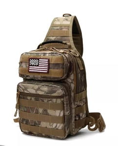 Tactical camouflage shoulder bag with MOLLE system and US flag patch for outdoor activities