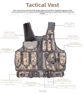 Detail van tactisch camouflagevest met functionele zakken en MOLLE-uitbreidingssysteem