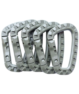 Detail of five army green tactical D-ring carabiners made of reinforced nylon material