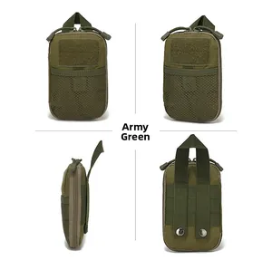 Detailed four-way view of army green tactical waist bag with Molle system and dual zippers