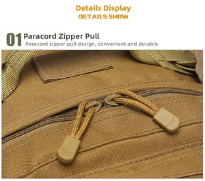 Close-up of paracord puller design on khaki tactical backpack with durable nylon fabric