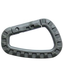 Detail of army green outdoor tactical D-ring carabiner with anti-slip texture and spring gate