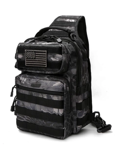 Tactical camouflage chest bag with American flag patch and MOLLE system in 45-degree view