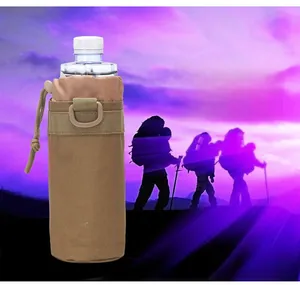 Tactical water bottle pouch in khaki nylon with drawstring closure and D-ring