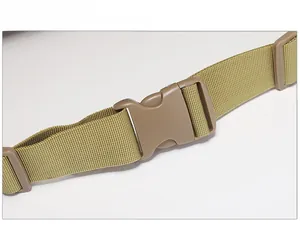 Detail of durable khaki tactical nylon webbing and high-quality plastic buckle closure