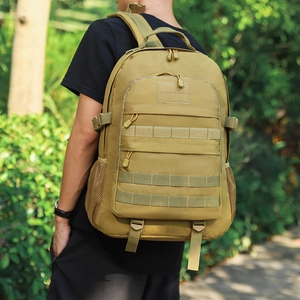 Tactical outdoor hiking backpack in tan nylon with MOLLE system and side mesh pockets