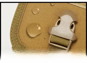 Detailed close-up of water-resistant fabric and buckle on the khaki tactical bag