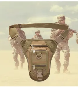 Detailed view of khaki tactical leg bag with multi-layer zippers and durable nylon fabric