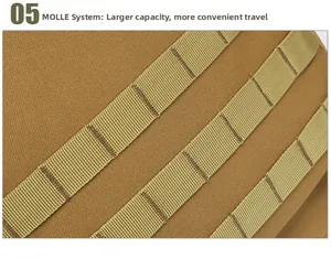 Close-up of khaki tactical backpack featuring durable MOLLE webbing and reinforced stitching