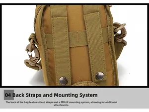 Detail view of khaki tactical MOLLE pouch showing rear straps and metal snap fasteners