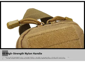 Detail of khaki tactical pouch featuring reinforced nylon handle and dual zipper closure