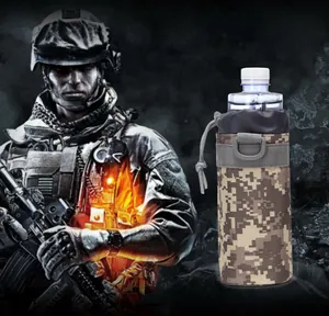 Detail of desert digital camouflage tactical water bottle pouch with D-ring and webbing
