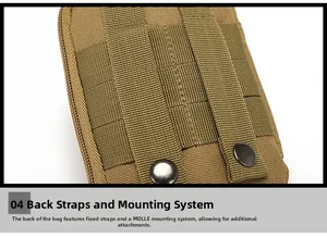 Detailed back view of tactical khaki pouch showing durable MOLLE webbing system and snaps