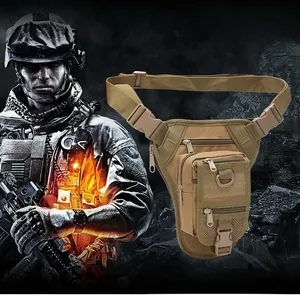 Macro detail of khaki tactical leg bag with multiple zipped pockets and D-ring