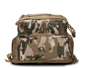 Macro detail of MultiCam tactical chest bag with dual zippers and MOLLE webbing system