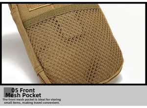 Detail view of khaki tactical waist bag featuring a durable mesh front pocket for small items