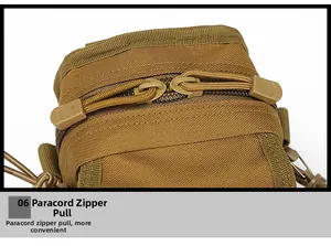 Close-up of tactical MOLLE pouch with dual paracord zippers on durable khaki nylon fabric