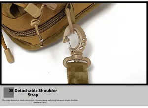 Detail of detachable shoulder strap with tactical plastic hook and D-ring on tan molle bag