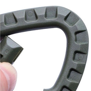 Army green tactical D-ring carabiner clip with textured grip and spring gate closure