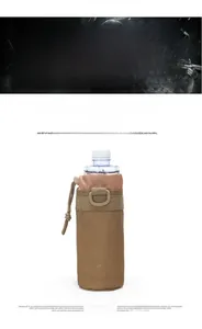 Tactical water bottle pouch in khaki nylon with drawstring closure and D-ring attachment